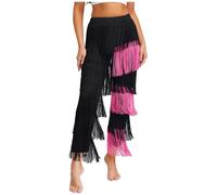 Freebily Femme Pantalon Danse Latine Tango Chacha Rumba Spectacle Competition Pantalon Evasee Carrée Franges Tassel Trouses Pants Noir&Rose L