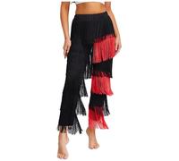 Freebily Femme Pantalon Danse Latine Tango Chacha Rumba Spectacle Competition Pantalon Evasee Carrée Franges Tassel Trouses Pants Noir&Rouge XXL