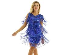Freebily Femme Robe Danse Latine Samba Tango Salle De Bal Robe de Soirée Cocktail Scène Franges Glands Tassels Costumes Performance Bleu Royal XL