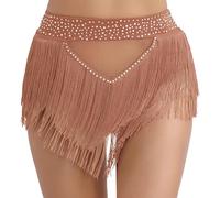 Freebily Femme String Short Danse du Ventre Franges Strass Pampilles Maille Transparent Bas Vêtements De Danse Samba Slip Bottoms Briefs Tassel Belly Dance Dancewear Marron S