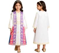 Freebily Fille Robe Caftan Arabe du Moyen Orient Vêtements Musulmans pour Filles Robe Musulmane Brodée sans Manches avec Robe Chambre Party Blanc 5-6 Ans