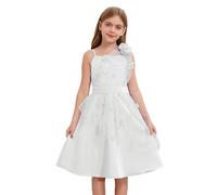 Freebily Fille Tutu Robe Princesse Soirée Formelle en Tulle Enfants Robe Mariage Demoiselle d'honneur Satin Asymétrique Jupe Brodé Bretelles Blanc 7-8 Ans