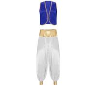 Freebily Homme Costume Prince Arabe Pantalon Sarouel Et Gilet Veste Satin Déguisement Adult Halloween Carnaval Fête Cosplay Bleu Royal Blanc M