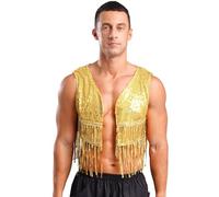 Freebily Homme Gilet À Paillettes Franges Brillants Vintage Veste Gilet De Cowboy Disco 70s Sans Manches Costume Clubbing Performances Sur Scène Or L