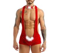 Freebily Homme Noël Boxer Shorts Slips Mankini Body String Cravate Monsieur Père Noël Déguisement Majordome Servante Santa sous-vêtements Fête M-XXL Rouge M