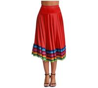 Freebily Jupe Danse Flamenco Femme Jupe Plissée Tango Valse Latine Folklorique Mexicaine Femme Long Jupe Danse du Ventre Spectacle Costume De Concours De Salle De Bal 75cm Rouge XXL
