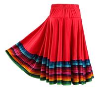 Freebily Jupe Danse Flamenco Femme Jupe Plissée Tango Valse Latine Folklorique Mexicaine Femme Long Jupe Danse du Ventre Spectacle Costume De Concours De Salle De Bal 55cm Rouge XXL