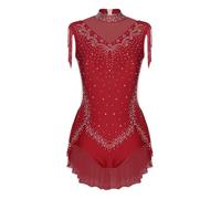 Freebily Justaucorps Gymnastique Rythmique Femme Leotard Danse Lyrique Ballet Combinaison Body à Strass Franges Avec Fermeture éclair Rouge M