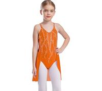 Freebily Leotard Gymnastique Enfant Justaucorps Patinage Artistique Strass Dos Nu Fille Body Robe Danse Ballet Sans Manches Orange 13-14 ans