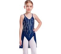 Freebily Leotard Gymnastique Enfant Justaucorps Patinage Artistique Strass Dos Nu Fille Body Robe Danse Ballet Sans Manches Bleu Marine 15-16 ans