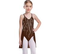 Freebily Leotard Gymnastique Enfant Justaucorps Patinage Artistique Strass Dos Nu Fille Body Robe Danse Ballet Sans Manches Marron 9-10 ans