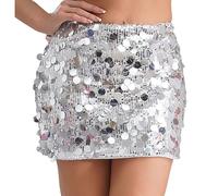 Freebily Mini Jupe A Paillettes Femme Jupe Danse du Ventre Costume Danse Latine Rumba Samba Tango Sequin Tassel Skirt Belly Dance Rave Party Dancewear Mini Argenté L