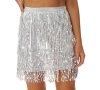 Freebily Mini Jupe A Paillettes Femme Jupe Danse du Ventre Costume Danse Latine Rumba Samba Tango Sequin Tassel Skirt Belly Dance Rave Party Dancewear Tassel-Argenté M