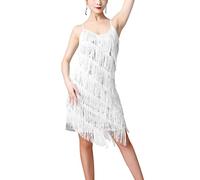 Freebily Robe Danse Tango Latine Femme Robe Année 1920 Franges Flapper Élégant Costume Charleston Robe Soirée Bal Fête V Cou Paillette R Argenté 3XL