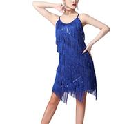 Freebily Robe Danse Tango Latine Femme Robe Année 1920 Franges Flapper Élégant Costume Charleston Robes Soirée Bal Fête V Cou Paillette Royal Bleu 3XL