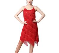 Freebily Robe Danse Tango Latine Femme Robe Année 1920 Franges Flapper Élégant Costume Charleston Robe Soirée Bal Fête V Cou Paillette R Rouge M