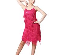 Freebily Robe Danse Tango Latine Femme Robe Année 1920 Franges Flapper Élégant Costume Charleston Robes Soirée Bal Fête V Cou Paillette Rose Vif M