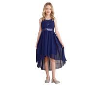 Freebily Robe de Mariage Enfant Fille Chiffon Robe de Soirée Princesse Mousseline Doublure Satin Sequins Ourlet Haut et Bas Robes de Cocktail Bleu Marine 9-10 Ans