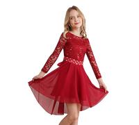 Freebily Robe Princesse Soiree Fille Enfant Robe De Ceremonie Mariage Manche Longue Dentelle Strass Chiffon A-Ligne Robes Ecole Fete Party Rouge 7-8 Ans