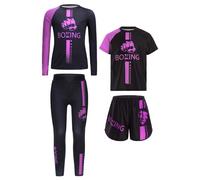 Freebily Survêtement Entraînement Enfant Garçon Ensemble T-Shirt Et Legging Short Boxe Muay Thai Combat Tenue Sportif 4 Pièces Violet 13-14 Ans