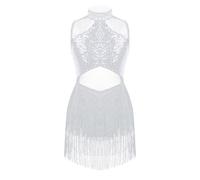 Freebily Tutu Danse Jazz Fille Robe Danse Latin Moderne Enfant Justaucorps Gym Patiange Franges Robe de Soirée Fête Performance Gland Blanc 14 ans