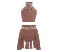 Freebily Tutu Tenues Danse Latin Jazz Enfant Justaucorps Ballet Danse Bretelles Tutu Gilet Jupe Robe de Danse Classique Fille Léotard Collant Gym Yoga Strass Marron 11-12 ans
