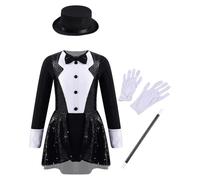 Freebily Uniforme Magicien Fille Garçon Costume D'halloween Robe Ringmaster Cirque Magique Chapeau Baguette Gants Fête Cosplay Smoking Noir 3-4 ans