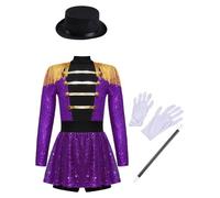 Freebily Uniforme Magicien Fille Garçon Costume D'halloween Robe Ringmaster Cirque Magique Chapeau Baguette Gants Fête Cosplay Magicien Violet 13-14 ans
