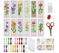 FREEBLOSS 12 ensemble de Kits de Marque Pages au Point de Croix Motif Fleur du Mois Kit de Broderie au Point de Croix 11CT avec Instructions pour Débutants 20x6cm /8x2.4 pouces