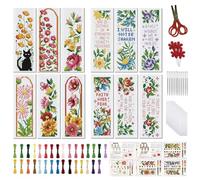 FREEBLOSS 12 ensemble de Marque Pages au Point de Croix Kit de Broderie au Point de Croix Estampé Ensemble de Broderie de Fleurs et de Mots avec Instructions pour Adultes Débutants 11CT 8"X 2.4"