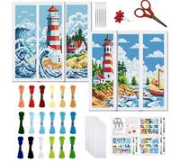 FREEBLOSS 6 kit de Marque Pages au Point de Croix Motif Phare Coloré Kit de Broderie au Point de Croix 11CT avec Instructions pour Débutants 8 * 2.4 pouces