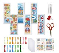 FREEBLOSS 6 kit de Marque Pages au Point de Croix pour Débutant Kit de Marque Pages à Broder Soi Même avec Instructions Paysage de Plage D'Été Kit de Point de Croix Estampé 8'' x 2.4''