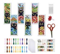 FREEBLOSS 6 Kits De Marque-Page Point De Croix 11CT DIY Kit Point De Croix Motif Chat Noir Tamponné Broderie Avec Instructions Pour Débutants Adultes 8x2.4pouces