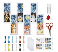 FREEBLOSS 6 Pcs de Marque-Pages au Point de Croix Kit 11 CT Animaux Nuits Étoilées Point de Croix Kit Complet Kits de Signet DIY Adulte Débutants avec Instructions, 6 x 20 cm