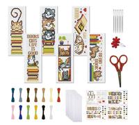 FREEBLOSS 6 Pcs de Marque-Pages au Point de Croix Kit 11 CT Chat Point de Croix Kit Complet Kits de Signet DIY Adulte Débutants avec Instructions, 6 x 20 cm