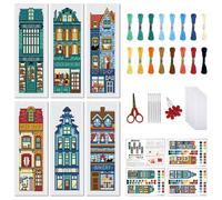 FREEBLOSS 6 Pcs de Marque-Pages au Point de Croix Kit 11 CT Motif Street View Point de Croix Kit Complet Kits de Signet DIY Adulte Débutants avec Instructions, 6 x 20 cm