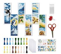 FREEBLOSS 6 Pcs de Marque-Pages au Point de Croix Kit 11 CT Paysages Marins Point de Croix Kit Complet Kits de Signet DIY Adulte Débutants avec Instructions, 6 x 20 cm