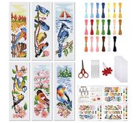 FREEBLOSS 6 Pcs de Marque-Pages au Point de Croix Kit 11 CT Quatre Fleurs et Oiseaux Point de Croix Kit Complet Kits de Signet DIY Adulte Débutants avec Instructions, 6 x 20 cm