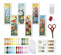 FREEBLOSS 6 Set de Marque Pages au Point de Croix Motif Fleurs Sauvages Kit de Broderie au Point de Croix 11CT avec Instructions pour Débutants et Adultes 20x6cm/8x2.4 Pouces