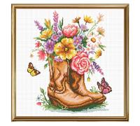 FREEBLOSS Kit de Broderie au Point de Croix 11CT pour Débutants Motif Bottes Fleuries à Suspendre au Mur. Kit de Broderie à Faire Soi Même avec Instructions Détaillées pour Adultes 18 x 18cm