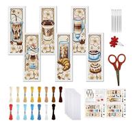 FREEBLOSS Kit de Marque Page au Point de Croix (6 kit) 11 pièces Motif Imprimé à Réaliser Soi Même (Instructions Incluses). Modèle de Café 6 x 20cm/8" x 2.4"