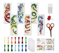 FREEBLOSS Kit de Marque Page au Point de Croix pour Adultes Débutants (6 pièces). Kit Imprimé à Broder Soi Même avec Motif Dragon. Idéal pour les Loisirs Créatifs. 20x6cm / 8x2.4inch