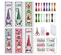FREEBLOSS Kit de signet à point croix, 6 pièces, motif d'elfe Gnome, marque-page estampé, kit de broderie pour débutant avec instructions, kit de point de croix counted pour cadeau de broderie à la