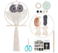 FREEBLOSS Kit Macramé Hibou Décoration Murale Suspendue Yeux Gris Hibou DIY Artisanat Faire Tapisserie Murale en Macramé Blanc avec Instructions pour Débutant