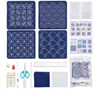 FREEBLOSS Lot de 4 dessous-de-verre Sashiko - Kit de couture complet avec fil et aiguilles, et dessous-de-verre en tissu pour les amateurs de broderie