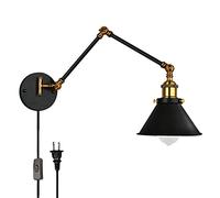 FREEDL LED Applique Murale Extensible Industrielle, E27 Murale Éclairage Long Bras Retro avec Interrupteur et Prise, Réglable Lampe Murale Fer Forgé Noir Vintage avec Metal Lampshade, 4w,15+15