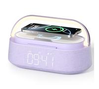 FREEFISH Haut-parleur Bluetooth avec chargeur sans fil, radio FM, veilleuse LED réglable, charge sans fil 15 W pour iPhone, double haut-parleurs 10 W, batterie 2500 mAh, Bluetooth 5.0