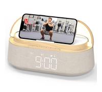 FREEFISH Haut-parleur Bluetooth avec chargeur sans fil, radio FM, veilleuse LED réglable, charge sans fil 15 W pour iPhone, double haut-parleurs 10 W, batterie 2500 mAh, Bluetooth 5.0