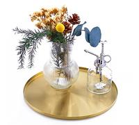 FREELOVE Plateau de service rond en laiton doré, assiette de bar en métal brossé, petite table basse circulaire ottomane, décoration dorée pour vanité, bougie, nourriture, comptoir