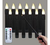 FREEPOWER Lot de 12 bougies LED flottantes noires avec baguette magique - Télécommande et minuterie - Blanc chaud vacillant - Fonctionne avec piles - 17 cm - Étanche pour l'extérieur
